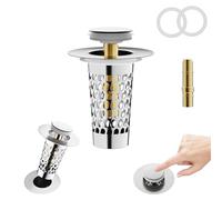 Lot de 2 bouchons d'évier pop-up en acier inoxydable 304 pour trous de vidange de 28 à 38 mm, bouchon de vidange de type poussoir avec double filtration et panier anti-encrassement