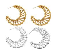 Lot de 2 boucles d'oreilles créoles tissées en forme de C en forme de lune - Bijoux texturés uniques pour femme Doré et argenté