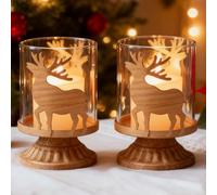 Lot de 2 bougeoirs de Noël en forme de cerf - Bougeoirs vintage avec photophores en verre pour décoration de Noël, décoration d'hiver et de table de salon - Idée cadeau