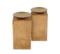 Lot de 2 bougeoirs en bois de 15 cm avec assiette en métal - Bougeoirs pour bougies piliers et boules - Bougeoirs de table - Décoration maison de campagne