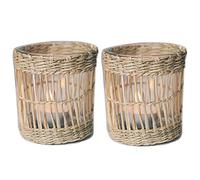 Lot de 2 bougeoirs en osier naturel tissé à la main, bougeoirs votifs décoratifs en verre en jonc de mer vintage rustique pour table à manger, cuisine, plateau de service