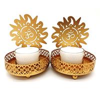 Lot de 2 bougeoirs traditionnels Diya en métal avec symbole Om Aum - Avec 2 bougies chauffe-plat de 8 h - Spiritualité - Décoration de mariage - Cadeau Diwali Inde