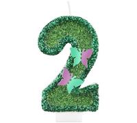 Lot de 2 bougies d'anniversaire à paillettes en forme de papillon vert pour décoration de gâteau de 2e anniversaire de fille, bougies féériques sur le thème des papillons pour filles et femmes