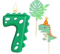 Lot De 2 Bougies D'anniversaire, En Forme De Chiffre 7, Vertes, Avec 2 Décorations De Gâteau Au Motif De Dinosaure[Z7927]