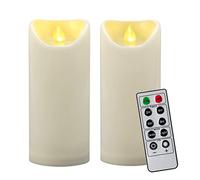 Lot de 2 bougies pilier à LED étanches sans flamme avec minuteur à distance, fonctionne avec piles et lumière vacillante en plastique pour Halloween, citrouille, lanterne, décorations de Noël (ivoire)