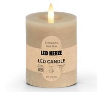 Lot de 2 bougies piliers LED en cire véritable avec fonction minuterie et télécommande - Bougies réalistes flamme vacillante blanc chaud Ø 7 x 9 cm - Bougies en cire électrique beige comme décoration