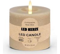 Lot de 2 bougies piliers LED en cire véritable avec fonction minuterie et télécommande - Bougies réalistes flamme vacillante blanc chaud Ø 10 x 9 cm - Bougies électriques en cire beige comme