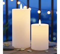 Lot de 2 bougies piliers solaires avec effet flamme - 10 + 15 cm - Bougie LED artificielle blanc chaud - Fonctionne à l'énergie solaire - Pour l'extérieur - Décoration de jardin, table - Bougie