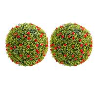 Lot de 2 boules de buis artificielles - Diamètre : 52 cm - Avec fleurs rouges - Résistant aux UV - Topiaire - Plante décorative à suspendre - Plantes artificielles pour jardin, mariage