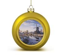 Lot de 2 boules de Noël en forme de paysage doré avec un moulin à vent traditionnel imprimé boules de Noël à suspendre pour Noël, mariage, cheminée