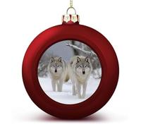 Lot de 2 boules de Noël en plastique incassable avec imprimé deux loups marchant dans la neige - 60 mm - Rouge