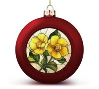Lot de 2 boules de Noël incassables en verre teinté avec deux fleurs jaunes à suspendre pour décoration de sapin de Noël, fêtes de mariage