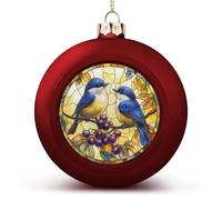 Lot de 2 boules de Noël incassables en verre teinté avec deux oiseaux bleus avec baies pour décoration de sapin de Noël, fêtes de mariage