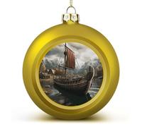 Lot de 2 boules de Noël personnalisées en plastique incassable avec texte photo personnalisable Motif viking ancien 60 mm Doré