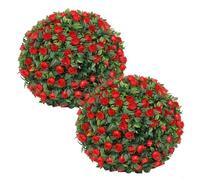 Lot de 2 boules topiaires artificielles de 25 cm en buis synthétique à suspendre pour jardin, terrasse, mariage, intérieur ou extérieur, verdure en plastique nécessitant peu d'entretien (rose rouge)