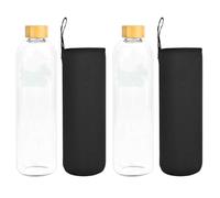 Lot de 2 bouteilles d'eau en verre avec bouchon en bambou, écologique, recyclable, réutilisable, sans toxines, sans BPA (2 bouteilles sans devise + étui noir, 1 500 ml)