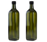 Lot de 2 bouteilles d'huile de 750 ml avec bec verseur, vert/marron, bouteilles en verre avec doseur et étiquettes
