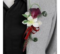 Lot de 2 boutonnières de mariage Calla Lily Jasmin, faites à la main pour homme, fleurs artificielles avec épingles, marié et témoin, pour bal, fête, banquet (rouge vin)