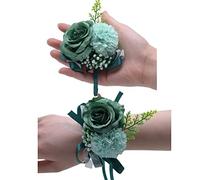 Lot de 2 boutonnières de poignet en forme de rose pour homme et femme, mariée, demoiselle d'honneur, décoration de fête de mariage, bal de fin d'année, vert foncé