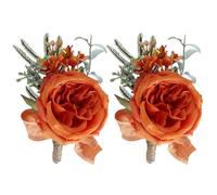Lot de 2 boutonnières en eucalyptus avec roses artificielles pour homme et marié - Pour cérémonie de mariage, anniversaire, dîner, bal de fin d'année, bal de fin d'année, fleurs (orange)