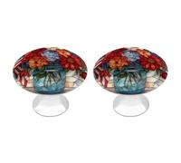 Lot de 2 boutons de tiroir ronds avec vis Motif fleurs bleues dans un bocal Mason Drapeau américain Décoration pour armoire, maison, bureau, cuisine