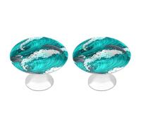 Lot de 2 boutons et poignées de tiroir ronds sans couture Motif vagues vertes et dauphins noirs pour armoire, tiroir, placard