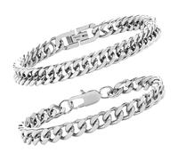 Lot de 2 bracelets à maillons cubains en argent pour homme - Bracelet en acier inoxydable poli cubain Figaro Franco - Cadeau pour lui, papa, petit ami, finition quotidienne et style décontracté