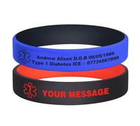 Lot de 2 bracelets d'alerte médicale personnalisés - En silicone élastique - Avec nom et numéro de téléphone - Allergie - Épilepsie - Diabète - Pour homme et femme, 19cm, Silicone, No Gemstone