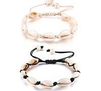 Lot de 2 bracelets de cheville réglables en coquillage naturel avec perles de coquillage pour homme et femme (blanc + noir), 7.8 to 15 inches