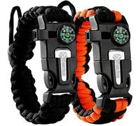 Lot de 2 bracelets de survie Cobra, Paracord + boussole + allume-feu + sifflet fort + couteau d'urgence, équipement de randonnée, de camping, de pêche, de chasse, noir + noir et orange