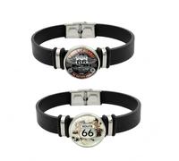 Lot de 2 bracelets en cuir et verre Route 66 - Bracelets rétro - Souvenir de voyage - Bijoux pour homme et femme
