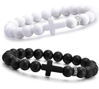 Lot de 2 bracelets en forme de croix pour homme et femme - Noir et blanc - Bracelet élastique en perles - Bracelet minimaliste pour croyance religieuse - Bracelet délicat - Ensemble de bijoux tendance