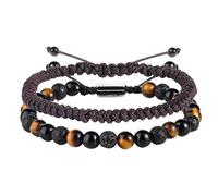 Lot de 2 bracelets en pierre noire pour homme tissés à la main, lisses, réglables, légers, agate mate, guérison, spirituel, marron, Pierre, Pierre secondaire