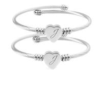 Lot de 2 bracelets joncs en forme de cœur pour femme, lettre de A à Z réglable, bijoux délicats personnalisés, cadeau d'anniversaire, fête des mères, cadeau d'amitié, J, Pas de pierre précieuse