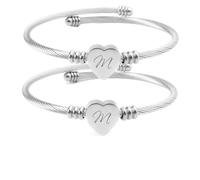 Lot de 2 bracelets joncs en forme de cœur pour femme, lettre de A à Z réglable, bijoux délicats personnalisés, cadeau d'anniversaire, fête des mères, cadeau d'amitié, M, Pas de pierre précieuse