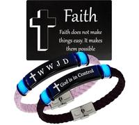 Lot de 2 bracelets phosphorescents avec croix pour homme et femme, cuir noir et rose WWJD/God is in Control avec carte portefeuille inspirante, « What would Jesus Do Christian Meditation »