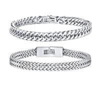 Lot de 2 bracelets pour homme en acier inoxydable - Argent noir et or - Bracelet cubain - 8 mm de large - 19 cm/21 cm/23 cm de longueur - Cadeaux pour mari, papa, fils, frère, 22cm - passt Handgelenke
