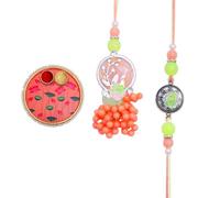 Lot de 2 bracelets Rakhi Bhai, Bhabhi, Rakhi, Lumba, Dora, avec pierre rose, Rakhee, Puja, Thali, plaque en MDF, plaque Kumkum, carte cadeau, frère, sœur, décoration de festival (taille de l'assiette