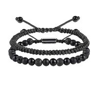 Lot de 2 bracelets tissés à la main en pierre noire pour homme - Lisses et réglables - Légers - Agate mate - Guérison spirituelle, Pierre, Pierre secondaire