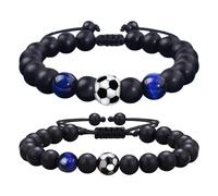 Lot de 2 bracelets tressés de football, en pierre naturelle, bracelets de football, bracelets en pierre œil de tigre, bracelets de perles de football, convient pour les anniversaires, les vêtements de