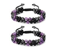 Lot de 2 bracelets triple protection en obsidienne noire et hématite véritable œil de tigre de 8 mm pour homme et femme, prospérité et bonheur, obsidienne