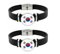 Lot de 2 bracelets unisexes en cuir avec pendentif en verre cristal - Drapeau de la Corée du Sud, parfaits pour les échanges culturels, la fête de l’Indépendance et les jours de match.