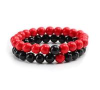 Lot de 2 Bracelets Unisexes en Pierre Naturelle,Jaspe Rouge et Obsidienne Noire,Perles de 8mm,Idéal Comme Cadeau D'Amitié pour Couple,Petit Ami Ou Petite Amie.