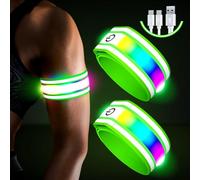 Lot de 2 brassards à DEL pour la course à pied, la marche de nuit, lumières rechargeables pour coureurs, équipement de course réfléchissant haute visibilité, bracelets lumineux réglables (Green, M)