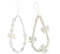 Lot de 2 breloques pour téléphone, dragonne perlée, bracelet, pendentif papillon en perle blanche