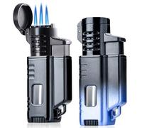 Lot de 2 Briquets à Flamme Triple Jet - Briquet à Gaz Tempête Avec Housse de Protection, Gonflable Portable Coupe-Vent en Métal pour Homme et Père