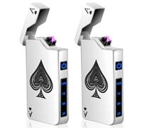 Lot de 2 briquets électroniques USB - Briquet à arc électrique USB - Double arc électrique - Avec indicateur de batterie - Coupe-vent - Déclenchement par simple pression d'un bouton - Argenté