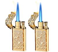 Lot de 2 briquets tempête avec motif de dragon élégant en relief - Flamme réglable et flamme douce - Rechargeable au butane pour bougies, cuisine, camping - Doré