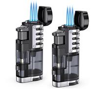 Lot de 2 briquets torche au butane rechargeables à triple jet flamme coupe-vent réglable avec fenêtre de niveau de carburant, perforateur, rabattable automatique (sans carburant prérempli)
