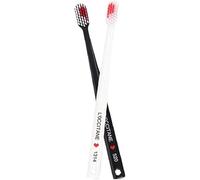 Lot de 2 brosses à dents noires et blanches - Pour adulte - Poils doux - En forme de cœur - Pour l'extérieur et les voyages
